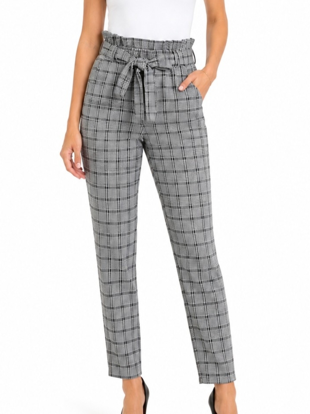 Paperbag Waist Black & Gray Plaid Trousers - NWT